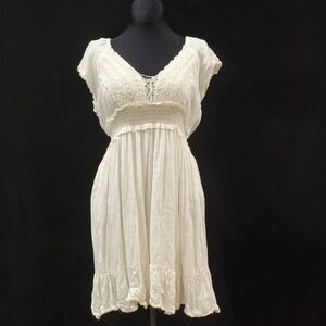 Angie Womens Smocked Fit Flare Smiss Dot Milkmaid Dress Size M White Lace Ruffle